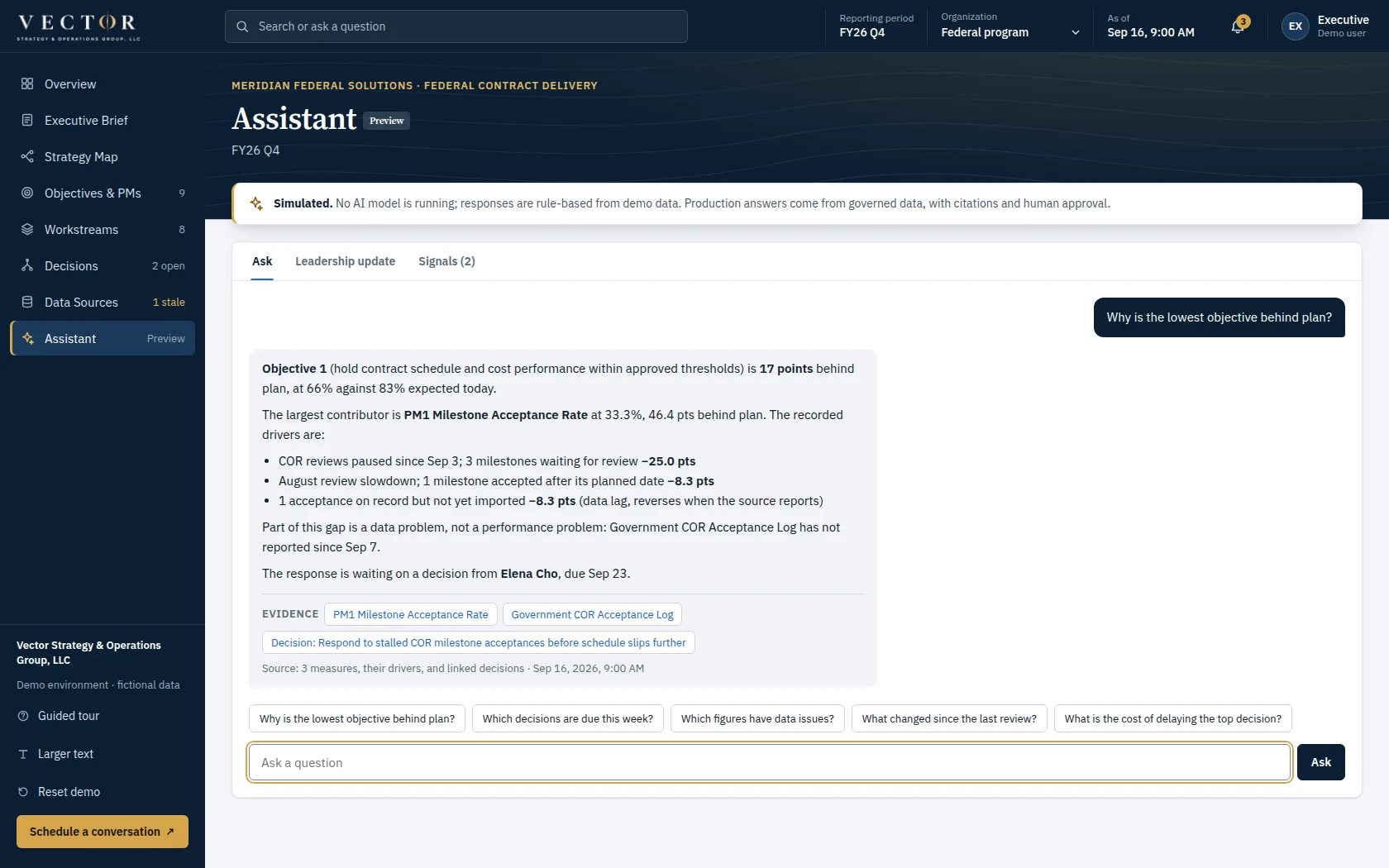 Assistant view of the demo dashboard: ask in plain english